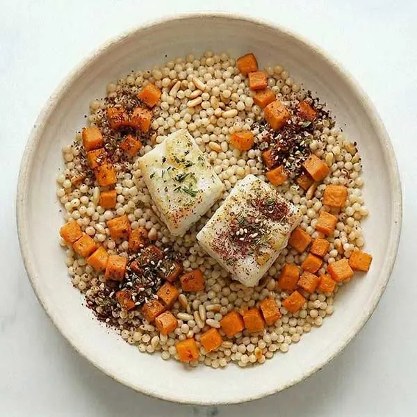 Garlic-Herb fish with Roasted Carrots & Pearl Couscous
